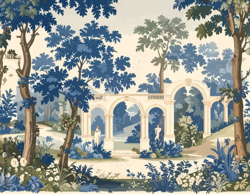 Romantic vintage scenic illustration of a classical landscape with blue foliage and an architectural arcade.