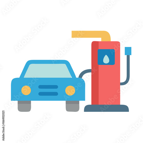 Blue car at a gas station, filling the fuel tank illustration design