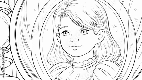Illustration of a girl with long hair inside a glass orb with stars and a decorative object nearby silhouette