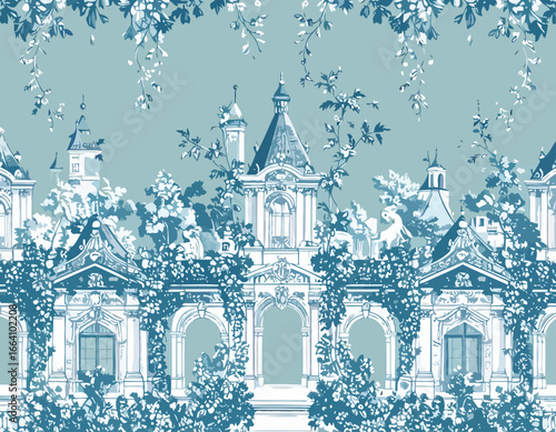 Toile de Jouy style ornate blue and white classical palace illustration, lush foliage, deer