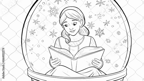 Illustration of a girl reading a book inside a snow globe with snowflakes and a patterned background silhouette