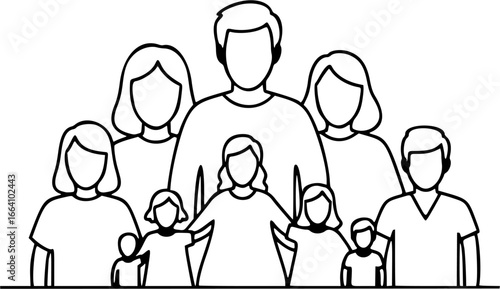Line art illustration of a large family group portrait.
