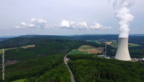 Wallpaper Mural High-angle view of a power plant amidst a lush green landscape, with billowing white smoke rising from the cooling towers. Torontodigital.ca
