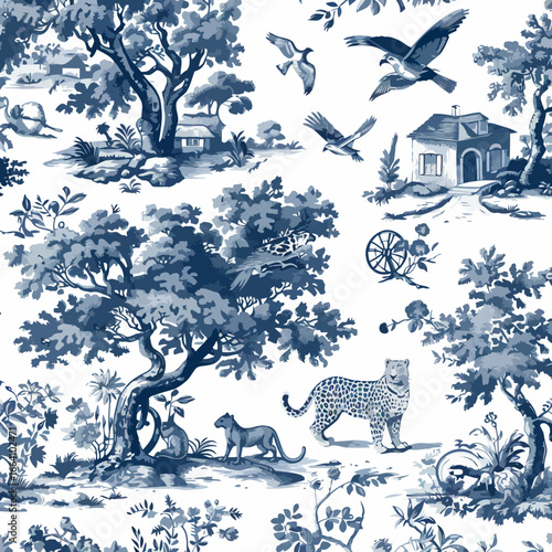 Blue and white Toile de Jouy seamless pattern featuring exotic animals like leopards and monkeys in a pastoral landscape.