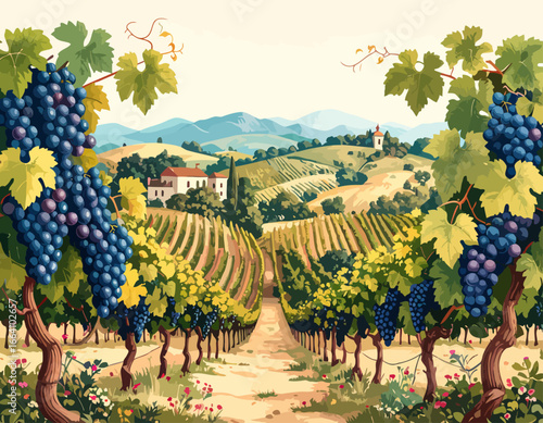 Scenic vineyard landscape illustration with ripe grapes, rolling hills, and a country villa.