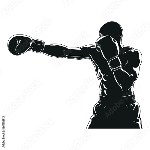 Dynamic silhouette of a boxer throwing a powerful jab fist punch in silhouette style silhouette