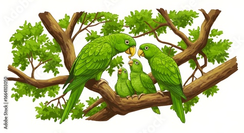 Cartoon Green Parrot Family on Tree Branch – Vector Illustration
