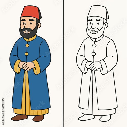 Educational coloring page for kids - Cartoon man in traditional attire with colorful robe and fez hat  