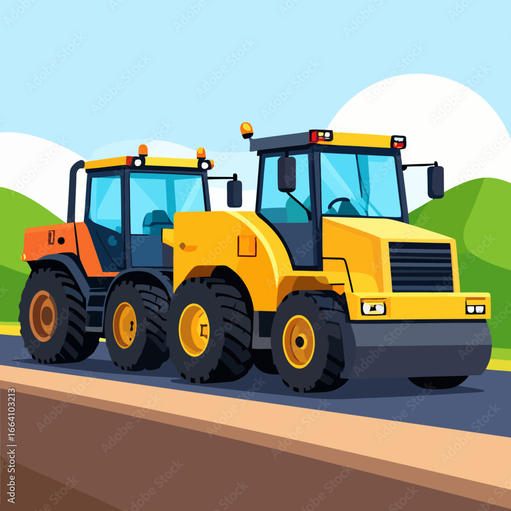 Fototapeta premium A yellow soil compactor and an orange tractor, heavy construction machinery illustration.