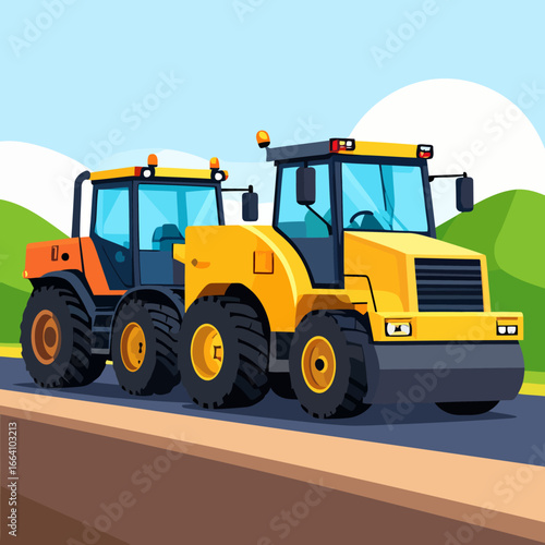 A yellow soil compactor and an orange tractor, heavy construction machinery illustration.