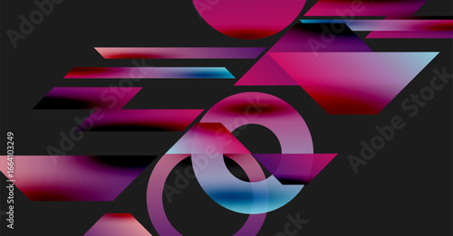 Abstract composition. Pink, purple, blue shapes overlap, creating dynamic visual effect. Dark background emphasizes vibrant colors, modern design.