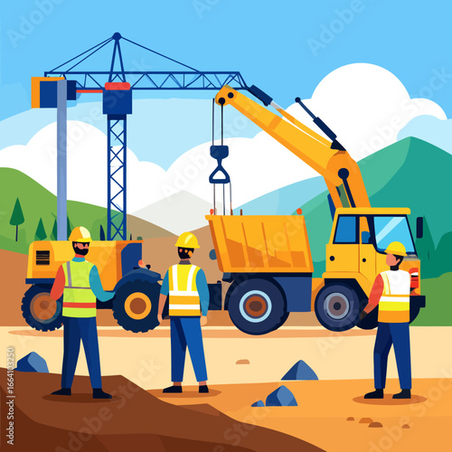 Construction workers and heavy machinery on a building site