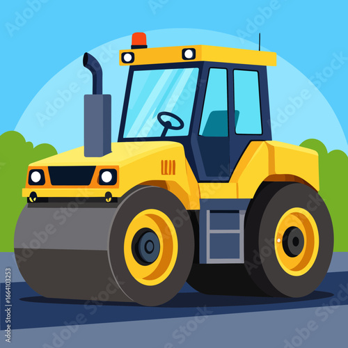 Bright yellow cartoon road roller with large front drum and rear wheels, construction vehicle illustration.