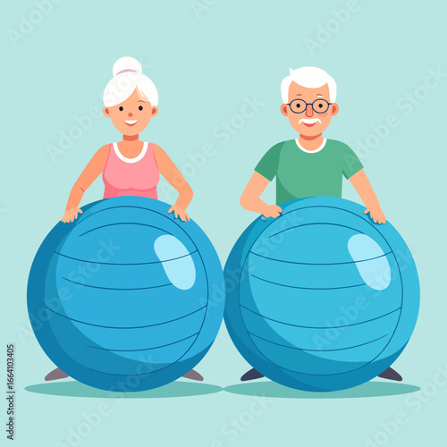 Happy Senior Couple Holding Large Blue Exercise Stability Balls