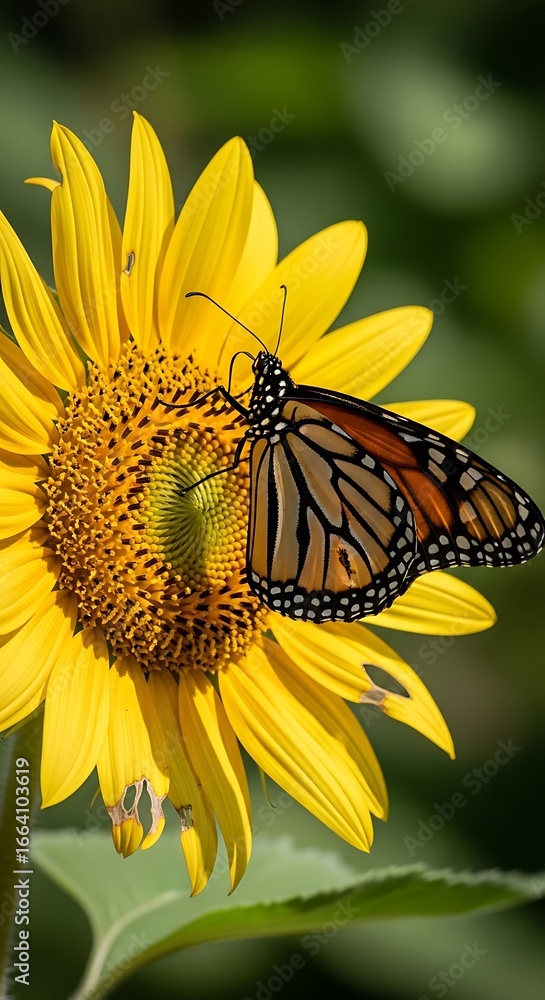 Naklejka premium Monarch Butterfly on a Vibrant Sunflower Blossom.