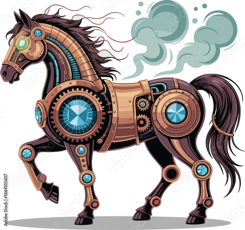 Impressive classic Steampunk horse crafted from gears and clockwork parts, Illustrator Artwork