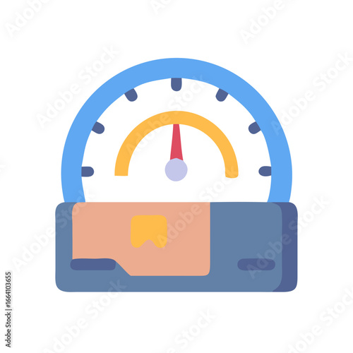 Stylized speed indicator gauge speedometer with pointer in flat style