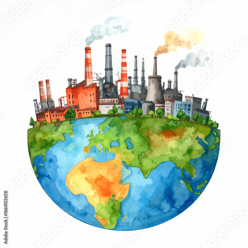A watercolor painting of planet Earth covered by industrial factories and smokestacks emitting smoke, symbolizing global pollution and climate change.