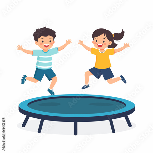 Happy cartoon children jumping high on a blue trampoline with joyful expressions
