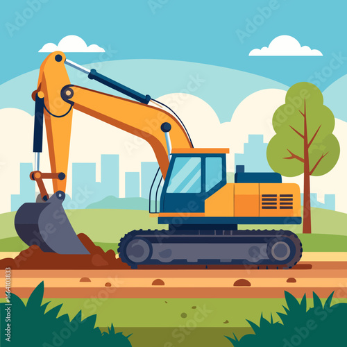 Flat design yellow crawler excavator with a hydraulic arm and bucket digging soil.