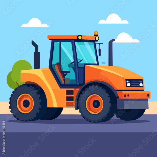 Vibrant orange agricultural tractor with a large enclosed cab and massive wheels, shown in a clean, flat vector art style.