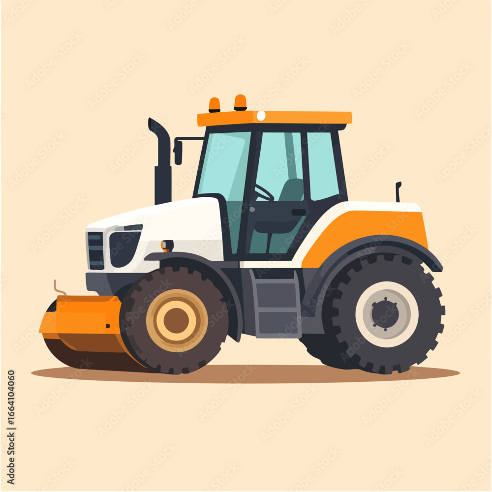 Naklejka premium Modern White and Orange Agricultural Tractor with Roller Attachment