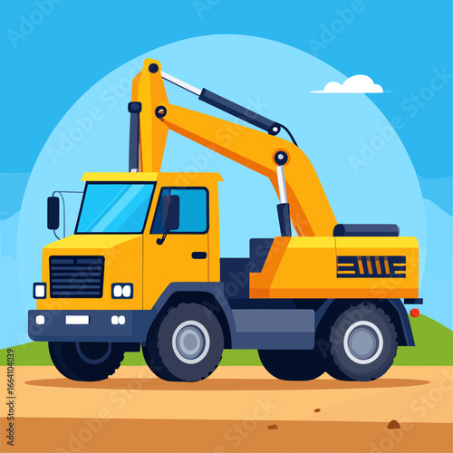 Vibrant yellow wheeled excavator truck with a hydraulic arm, shown in a clean, flat vector illustration style.