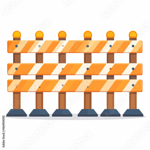 Flat design construction barricade with orange and white diagonal stripes and warning lights.