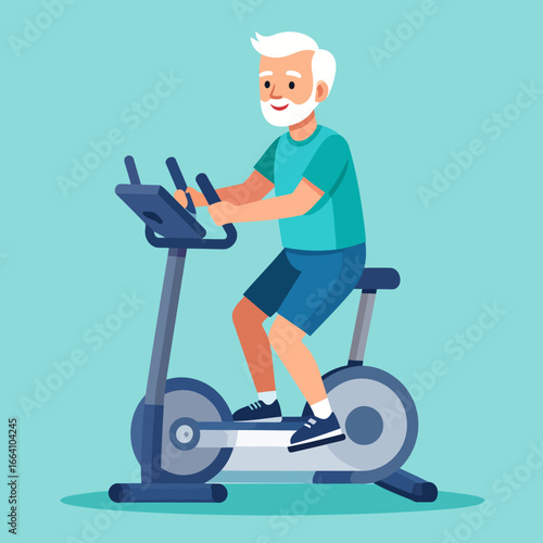 Cheerful senior man with white hair and beard exercising on a stationary bike, smiling.
