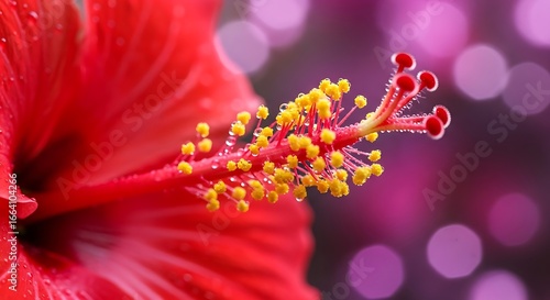 Close up of a vibrant red hibiscus flower stamen and pistil