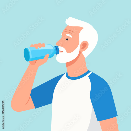 Senior Man Hydrating: Drinking from a Blue Water Bottle