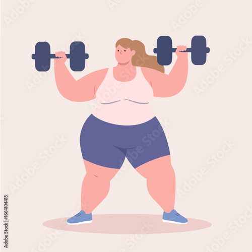 Confident plus-size woman exercising with dumbbells, wearing a white tank top and blue shorts, flat illustration.