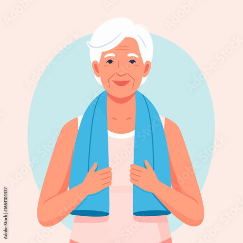 Happy senior woman with short white hair in sportswear, holding a blue towel around her neck.