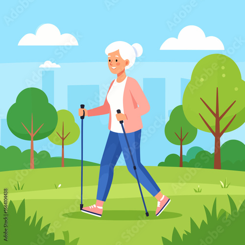 Happy Senior Woman Nordic Walking in Park, Active Lifestyle Illustration