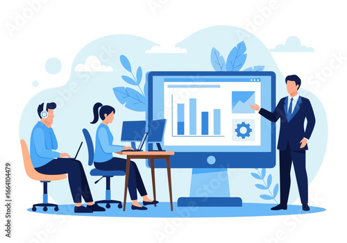 Vector art of business presentation and training session with people working on computers and a teacher explaining data on a large screen, symbolizing teamwork and growth