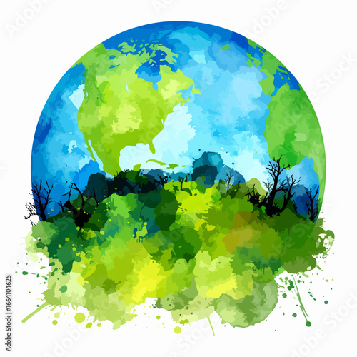 Stylized watercolor Planet Earth with green paint splashes and a silhouette of a dying forest.
