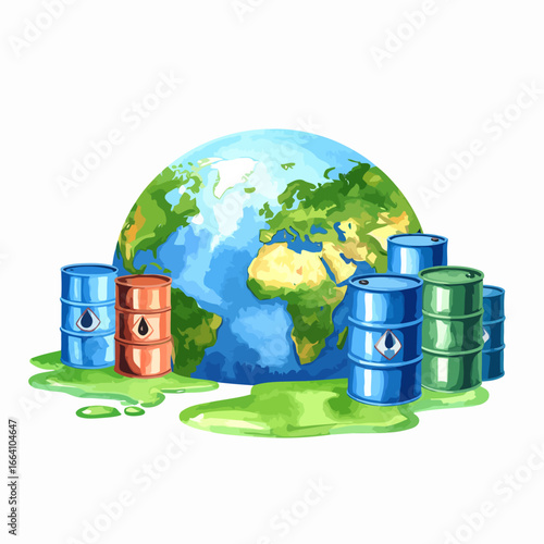 Earth Surrounded by Leaking Oil Barrels Symbolizing Pollution