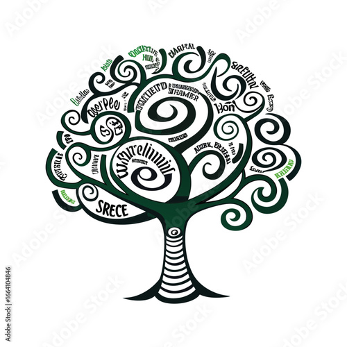 Artistic tree illustration filled with swirling text and words