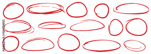 Hand drawn red pen highlight round oval frame set. Handwritten red marker, pencil scribble stroke line oval frame. Brush round frame highlight. Grunge scratch style set. Vector stock illustration