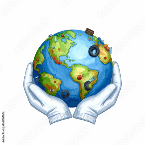 White-gloved hands carefully holding a stylized, polluted Earth globe littered with tires, bottles, and industrial waste.