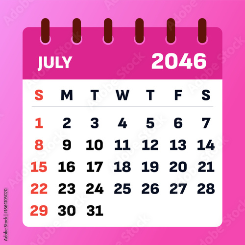 July 2046 calendar. Red calendar template. 2046 weekend setup sunday and saturday. Design page for july calendar 2046. Vector illustration