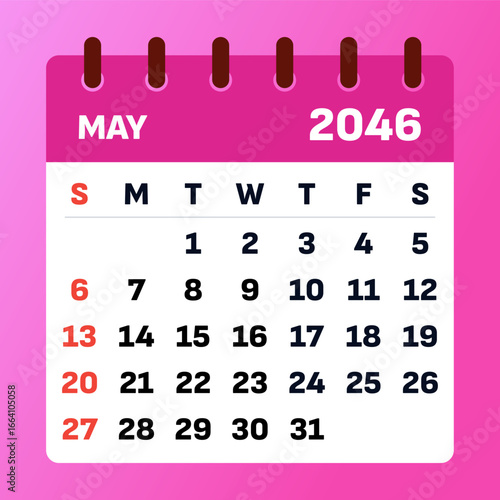 May 2046 calendar. Pink monthly calendar. 2046 weekend sunday and saturday format. Minimal design sheet. Date table for may calendar 2046. Vector illustration