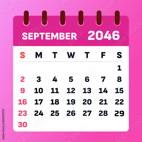 September 2046 calendar. Pink monthly layout. 2046 calendar weekend format sunday–saturday. Organizer sheet design. Page chart for september calendar 2046. Vector art