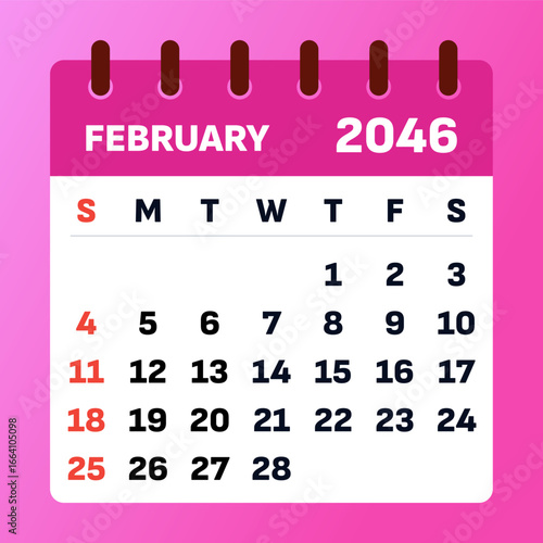 February 2046 calendar. Pink calendar design. 2046 saturday and sunday weekend style. Monthly organizer layout. Daily grid of february calendar 2046. Vector artwork