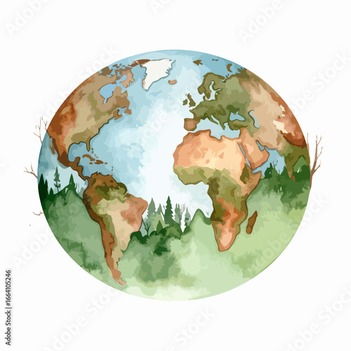 Watercolor Earth Globe with Lush Green Forests and Bare Branches