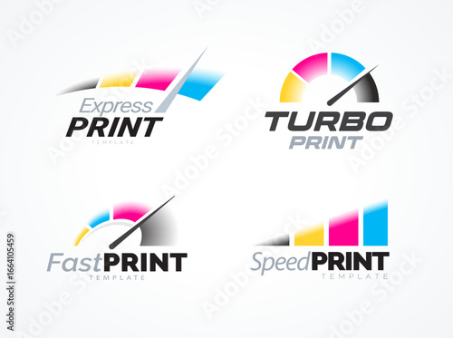 Set Logos Fast Print. Speedometer colored CMYK. Express printing theme. Template design vector. White background.