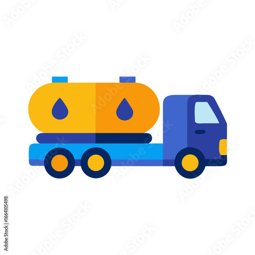 Flat vector illustration of a fuel truck with a tank in yellow and blue