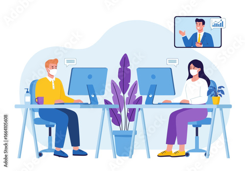 Vector art of two colleagues wearing face masks work at computers in an office, maintaining social distance, with a virtual meeting on screen