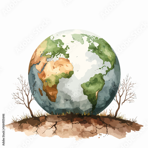 Watercolor Earth globe resting on cracked dry soil with barren trees