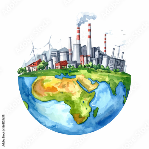 Watercolor Illustration of Industrial Factories on Earth Globe, Pollution Concept